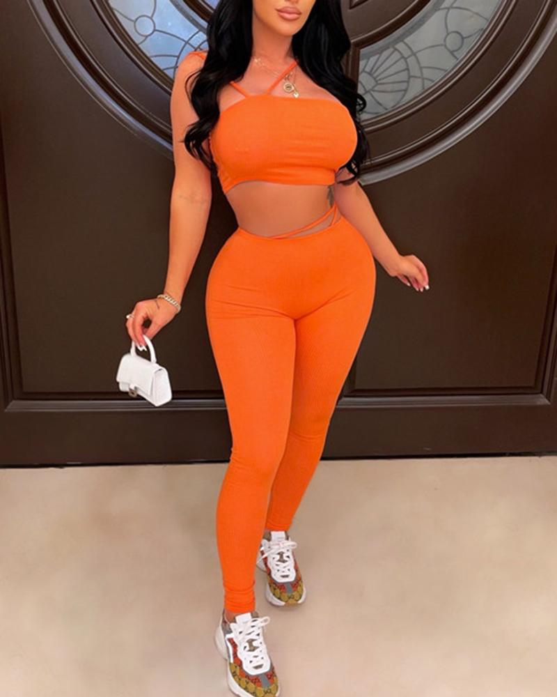 

Asymmetrical Neck Crop Top & Pants Set, Orange