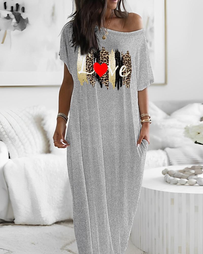 

Love Leopard Heart Print Round Neck Casual Dress, Gray