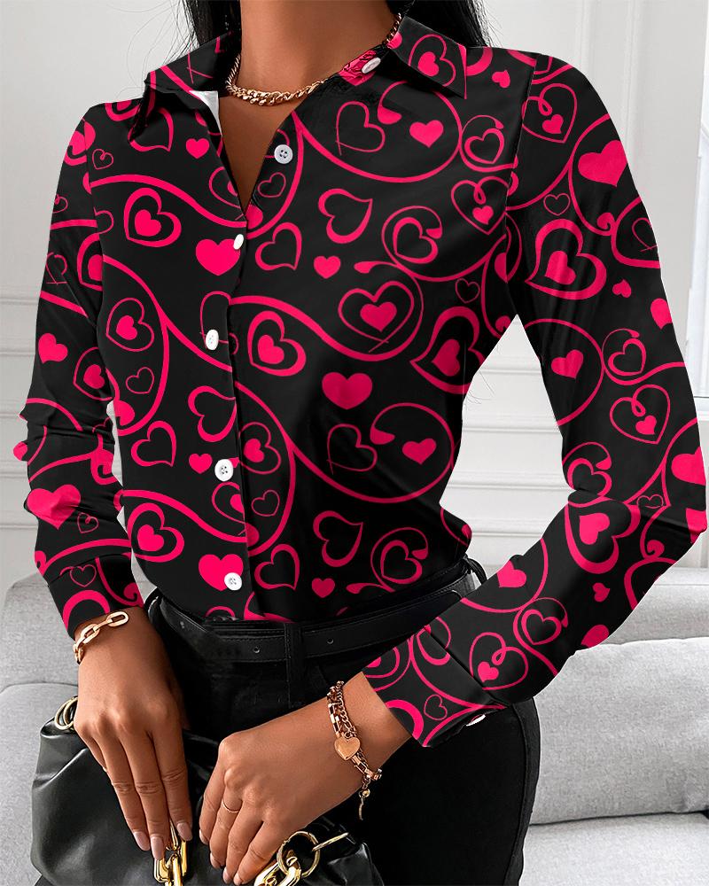 

Valentine' Day Heart Print Button Down Shirt, Black