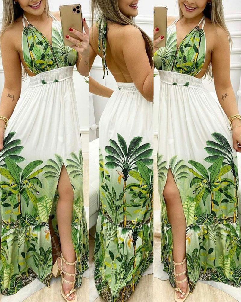 

Tropical Print Halter Backless Split Hem Maxi Dress, Green