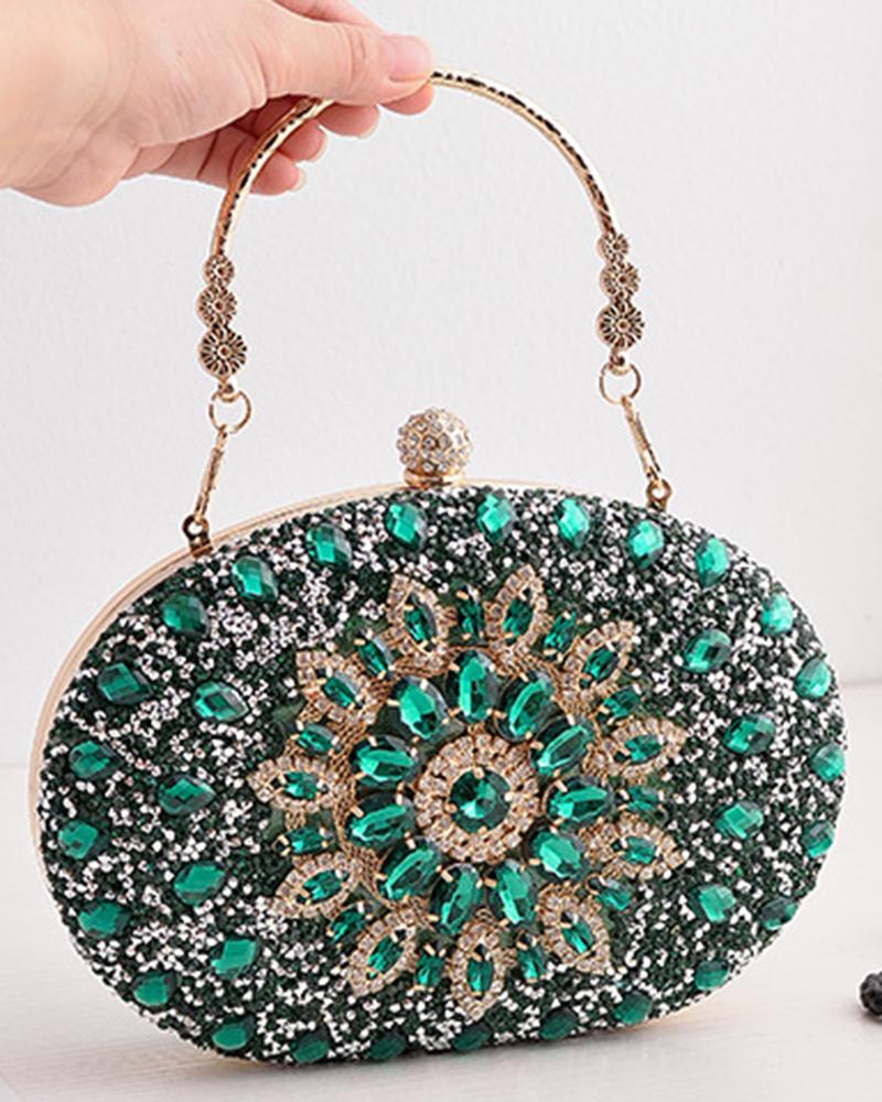 

Rhinestone Top Handle Evening Handbag, Green