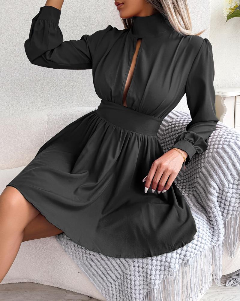 

Long Sleeve Cutout High Neck Shirt Dress, Black