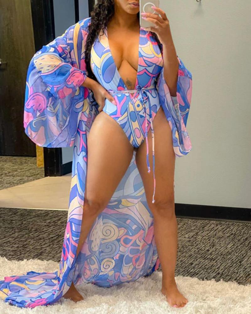 

3PCS Colorblock One Piece Swimwear & Robe Set, Blue