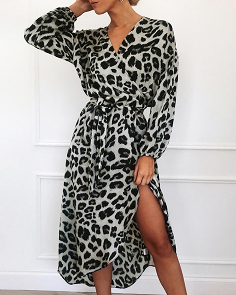 

Leopard Printed Long Sleeve Dress, Gray