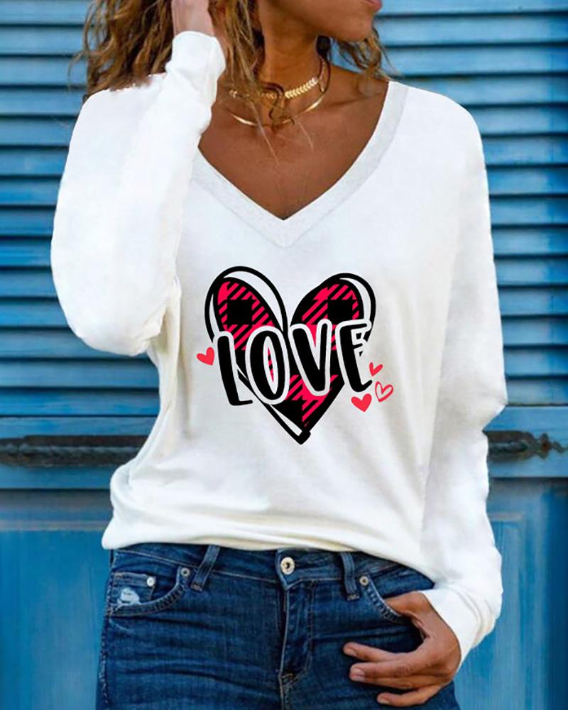 

Valentine' Day Heart Letter Print Long Sleeve Top, White