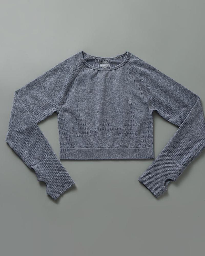 

Plain Long Sleeve Round Neck Skinny Active Tops, Gray