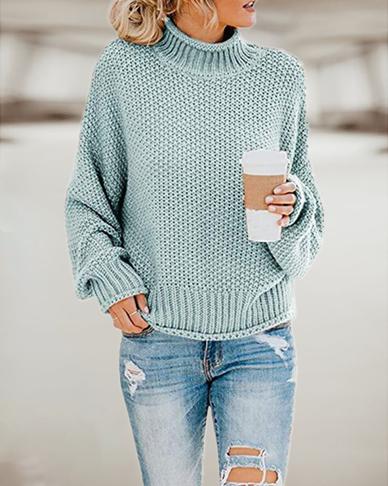 

High Neck Batwing Lantern Sleeve Knit Sweater, Blue