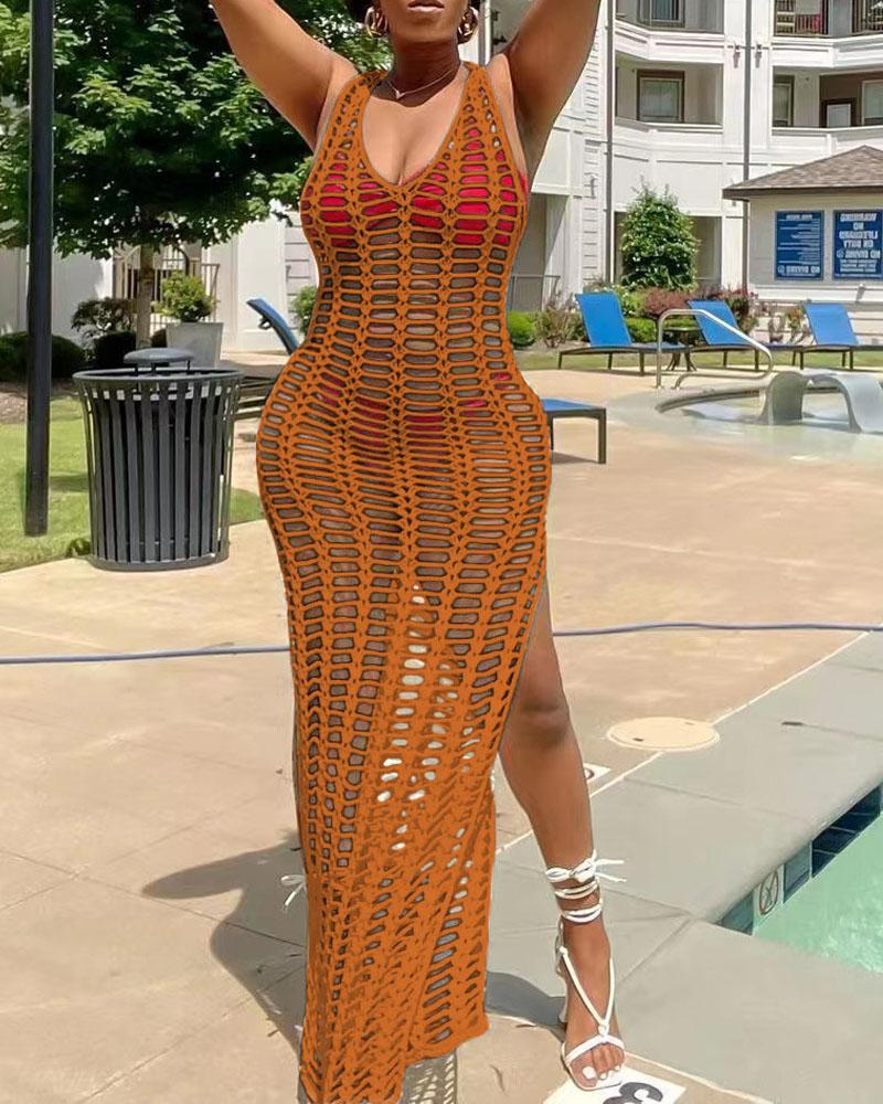 

Hollow Out High Slit Crochet Cover Up Beach Dress, Orange