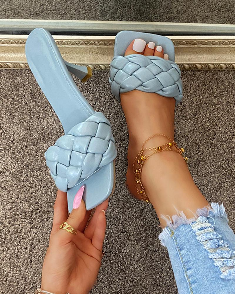

Square-toe Solid Color Weave Strap Open-toe High Heels, Blue