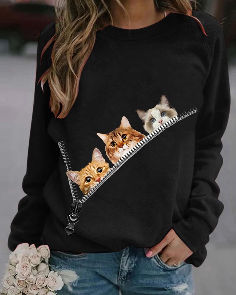 

Cat Print Long Sleeve Casual Top, Black