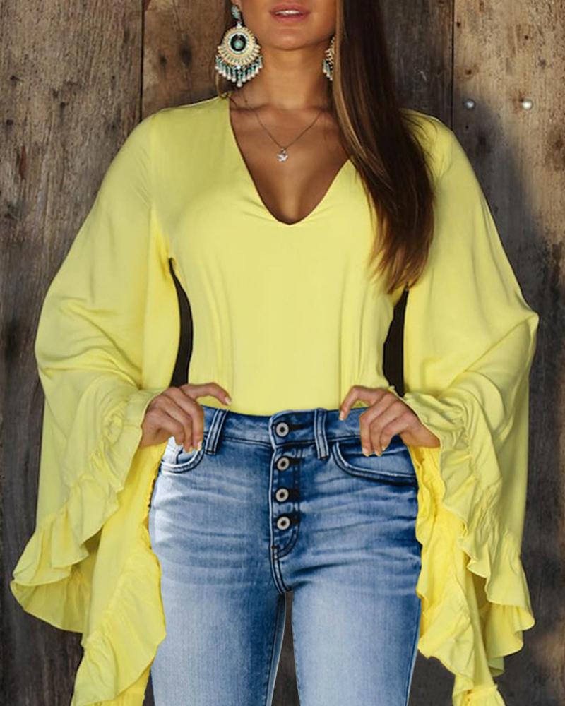 

V-Neck Ruffle Hem Bell Sleeve Top, Yellow