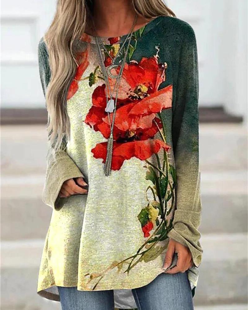 

Floral Print Long Sleeve Top, Red