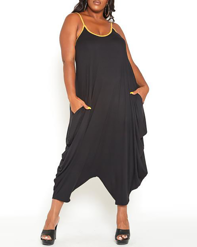 

Colorblock Ruched Harem Pocket Decor Jumpsuit, Black