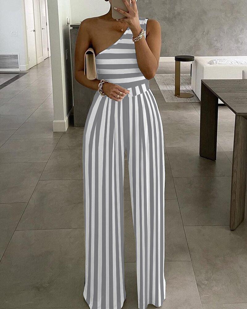 

One Shoulder Striped Colorblock Jumpsuit, Gray