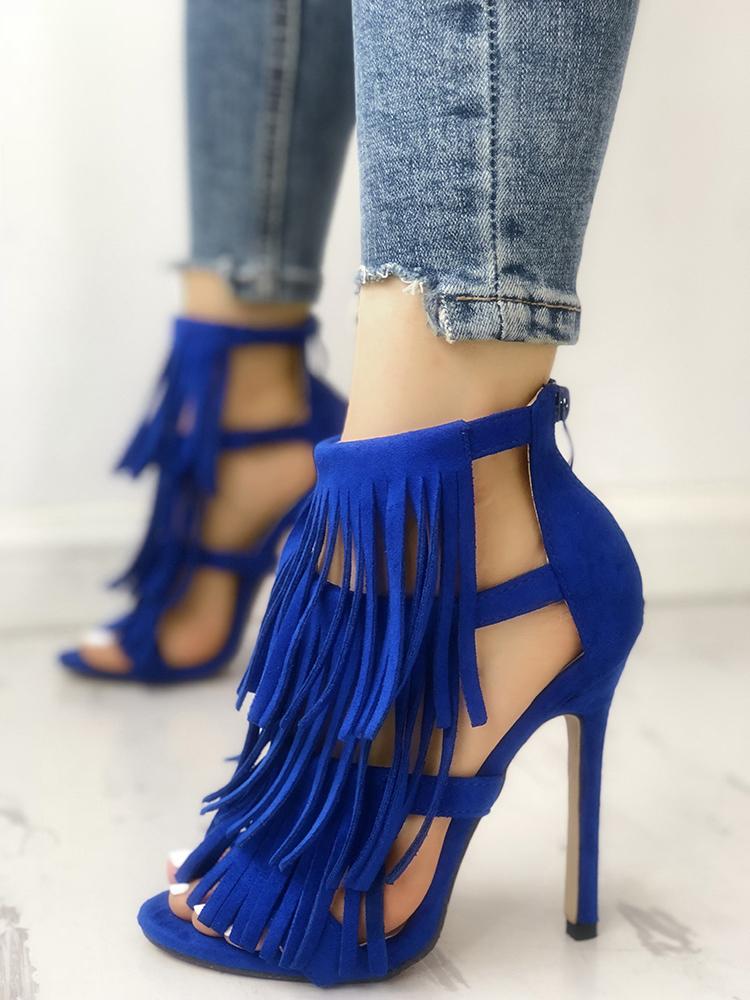 

Fashion Solid Tassel High Heel Sandals, Blue