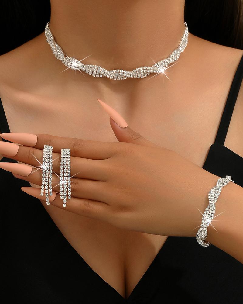 

3PCS Twisted Rhinestone Choker & Tassel Drop Earrings & Bracelet Wedding Bridal Jewelry Set, White