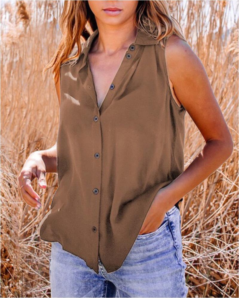 

Sleeveless Plain Button Down Shirt, Khaki