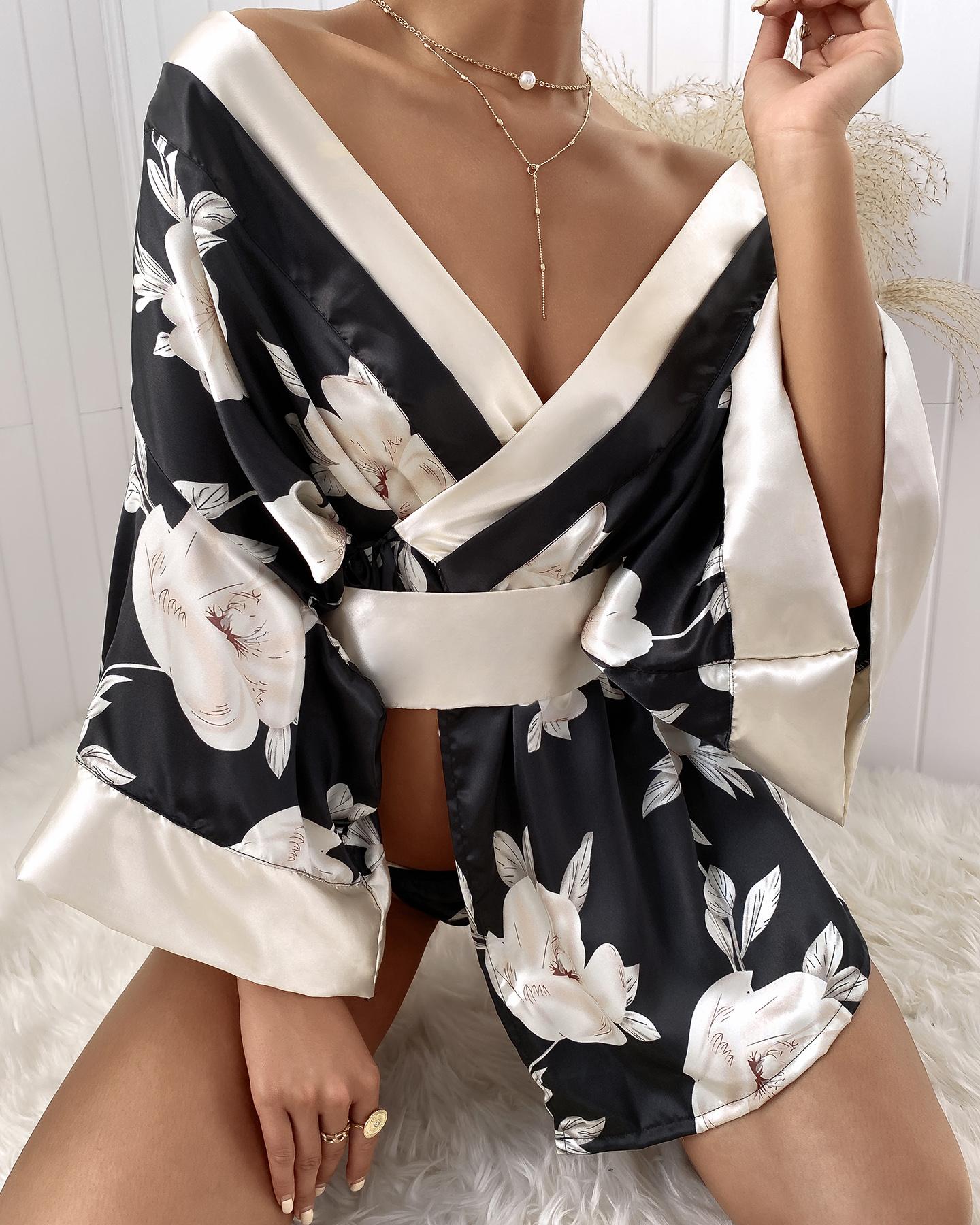 

Kimono Floral Print Wrap Robe With Belt & Thong, Black