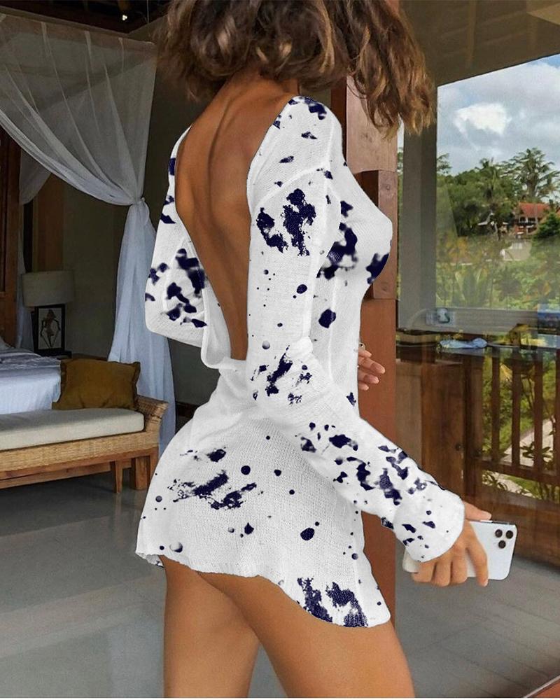 

Tie Dye Print One Shoulder Long Sleeve Mini Dress, White