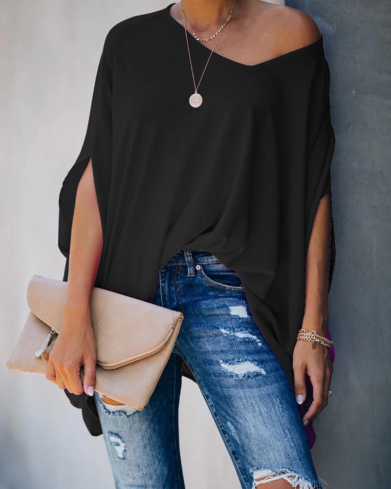 

Solid Color Bat Sleeve Blouse, Black