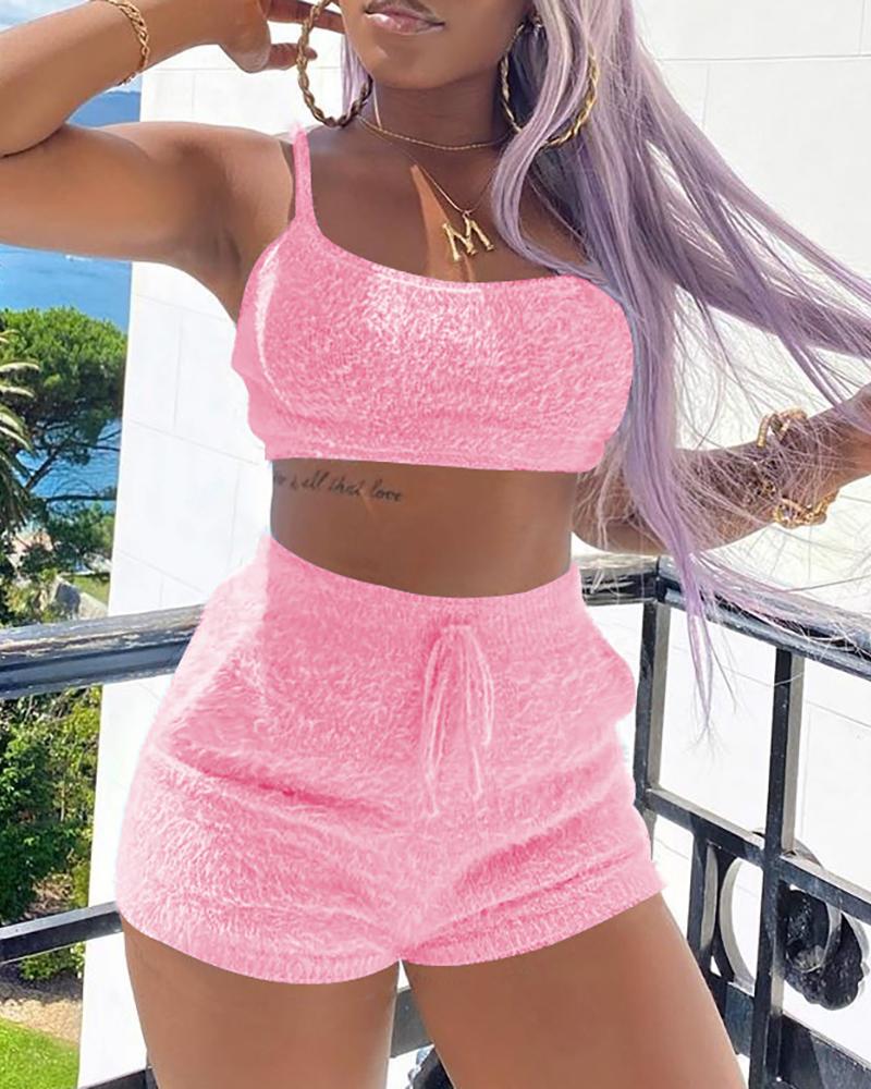 

Spaghetti Strap Plain Top & Shorts Set, Pink
