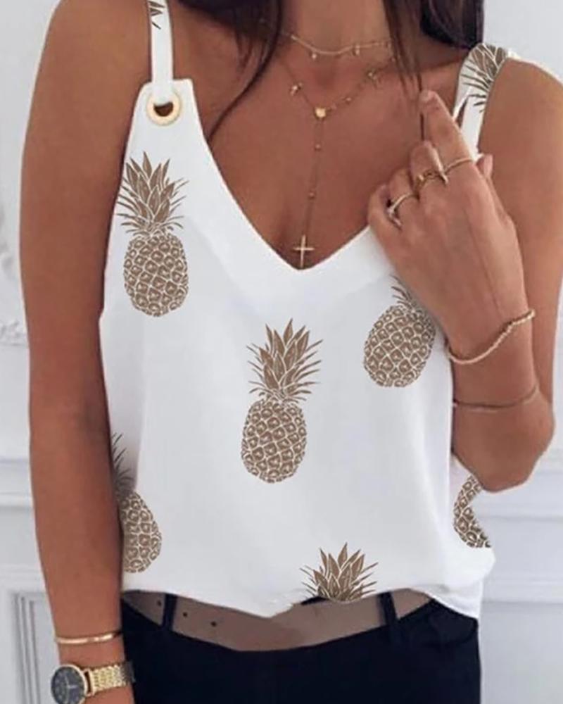 

Pineapple Print Eyelet Design Top, White