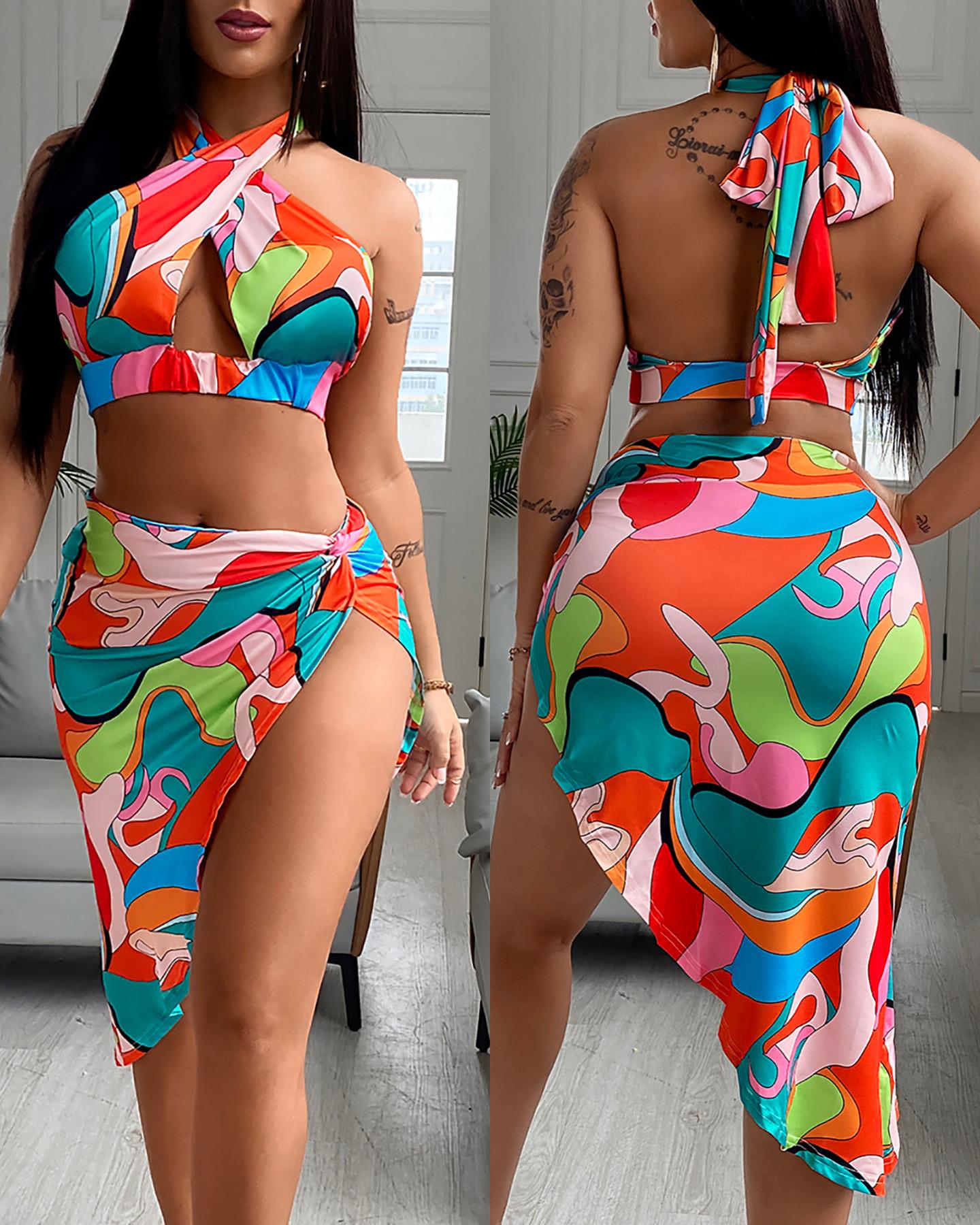 

Abstract Print Cutout Crop Top & Twisted Midi Skirt Set, Multicolor