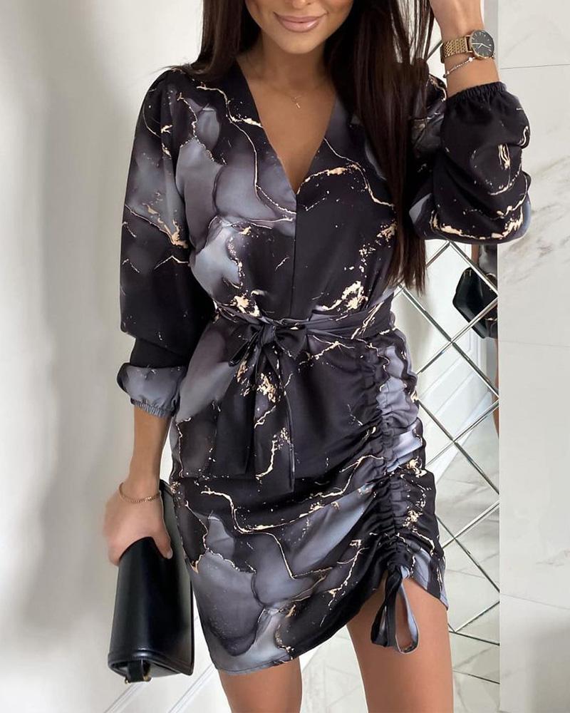 

Marble Print Drawstring Ruched Bodycon Dress, Black