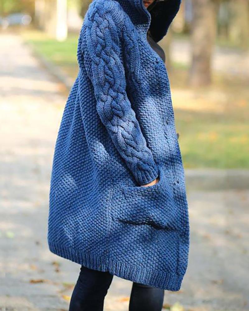 

Long Sleeve Hooded Buttoned Knit Braided Cardigan, Blue