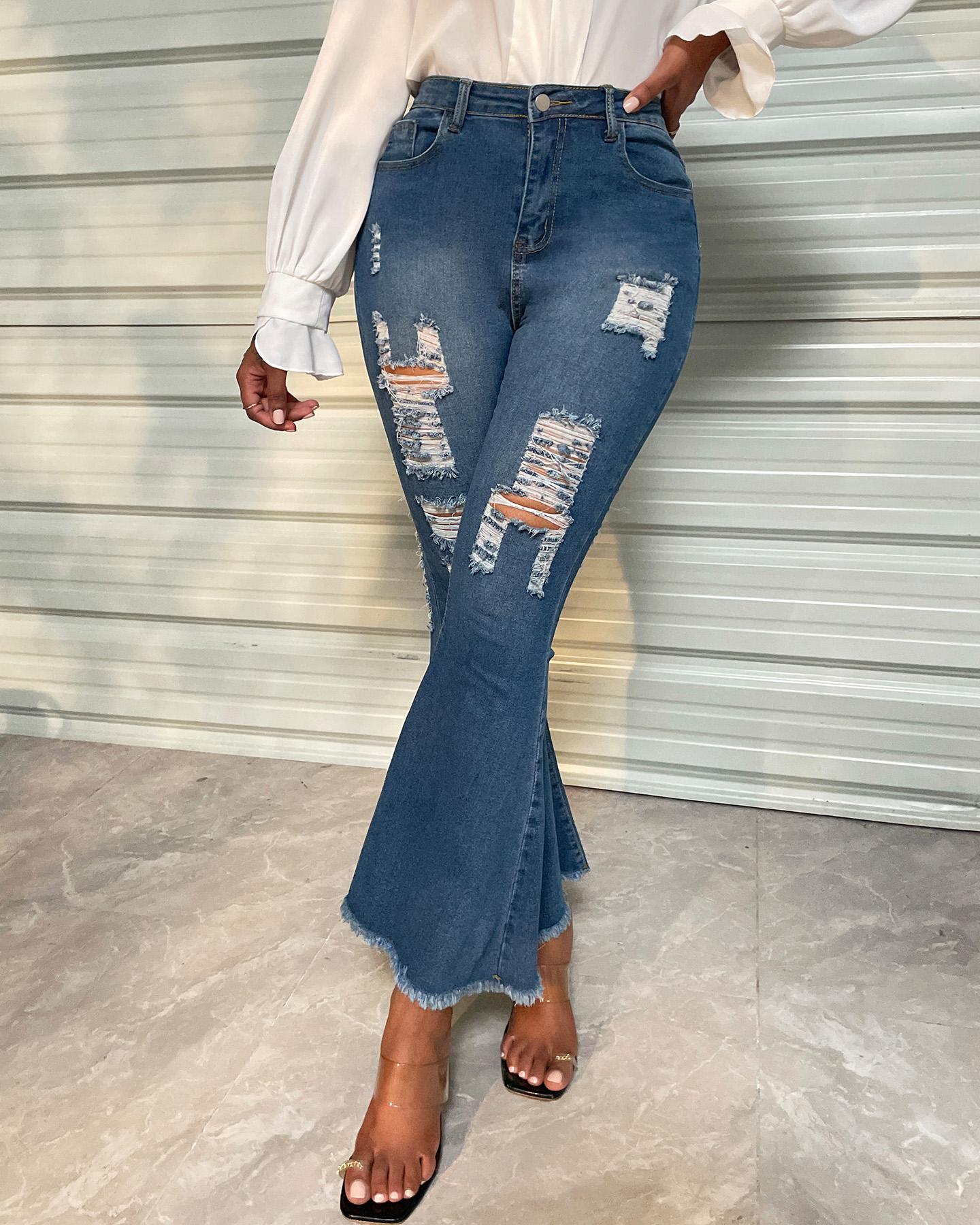 

Cutout Ripped Raw Hem Flare Leg Jeans, Blue