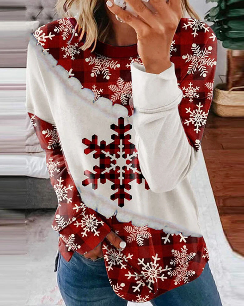 

Christmas Snowflake Plaid Print Long Sleeve Sweatshirt, Red