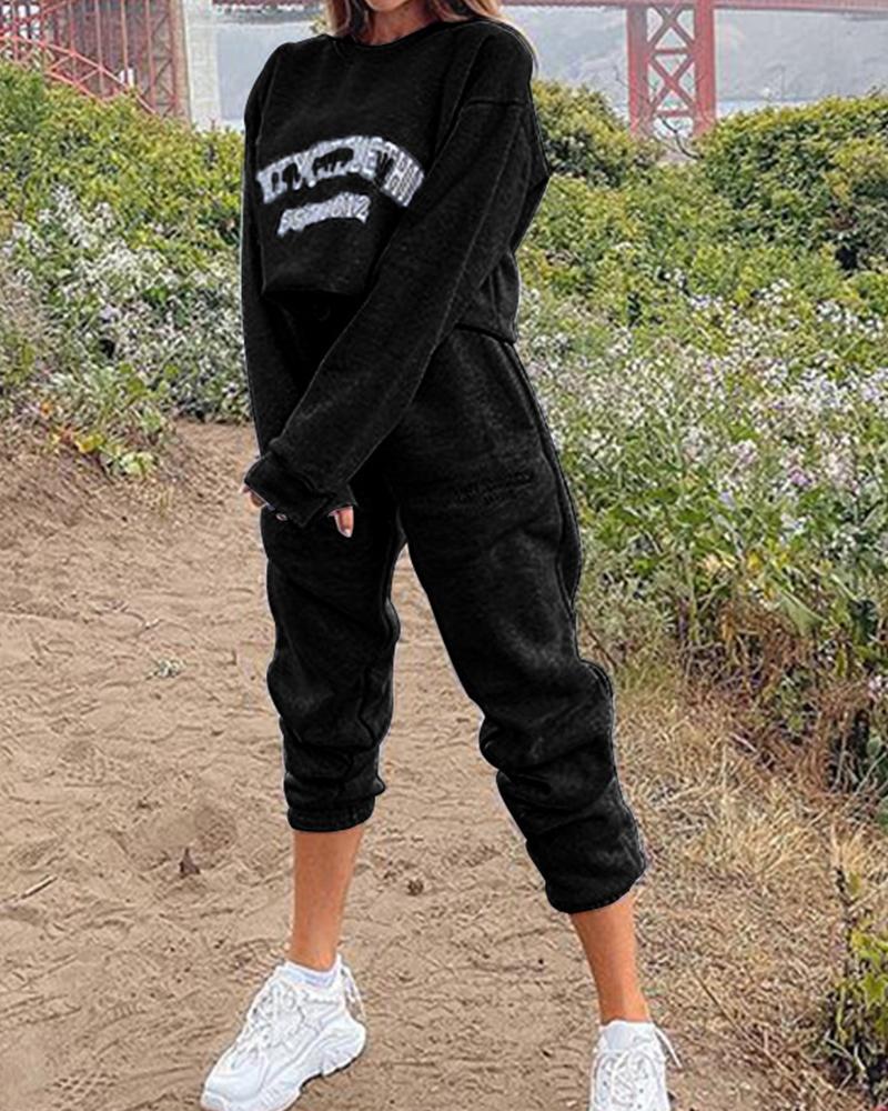 

Letter Print Long Sleeve Sweatshirt With Pants Suit Sets, Black