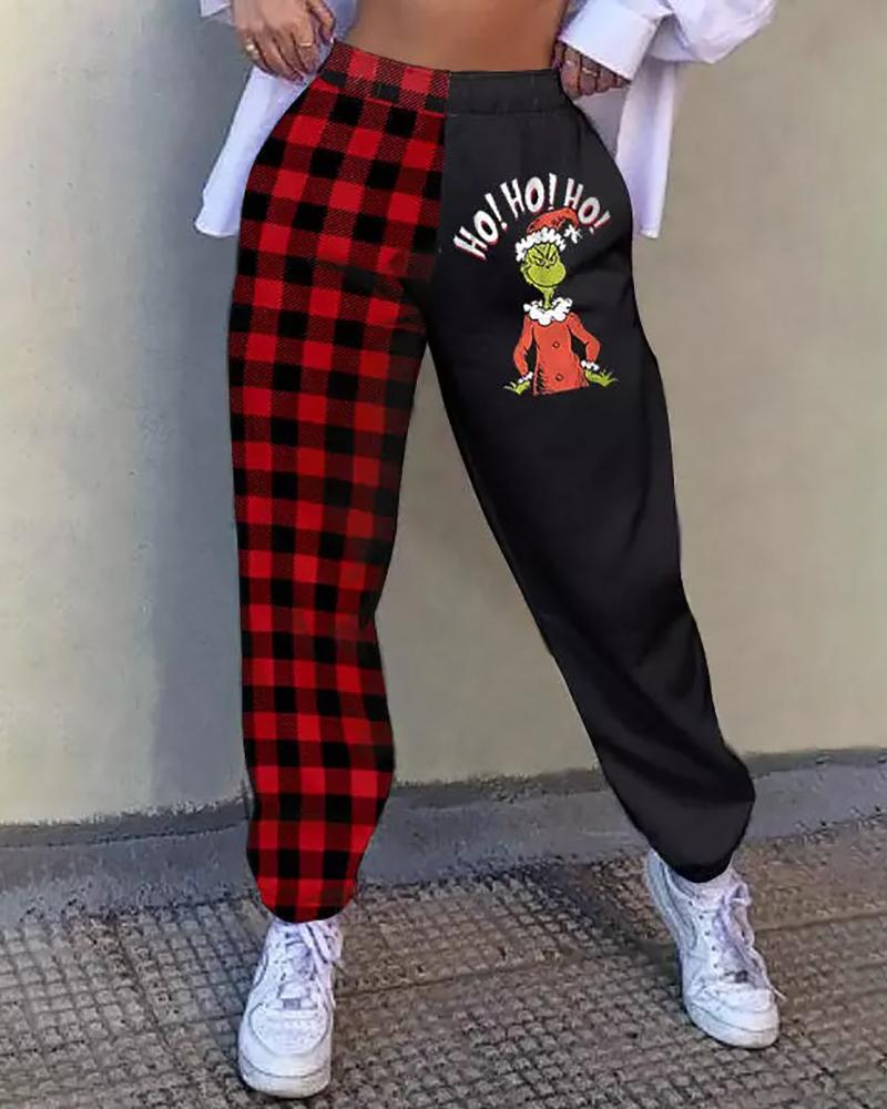 

Christmas Plaid Grinches Letter Print High Waist Pants, Red
