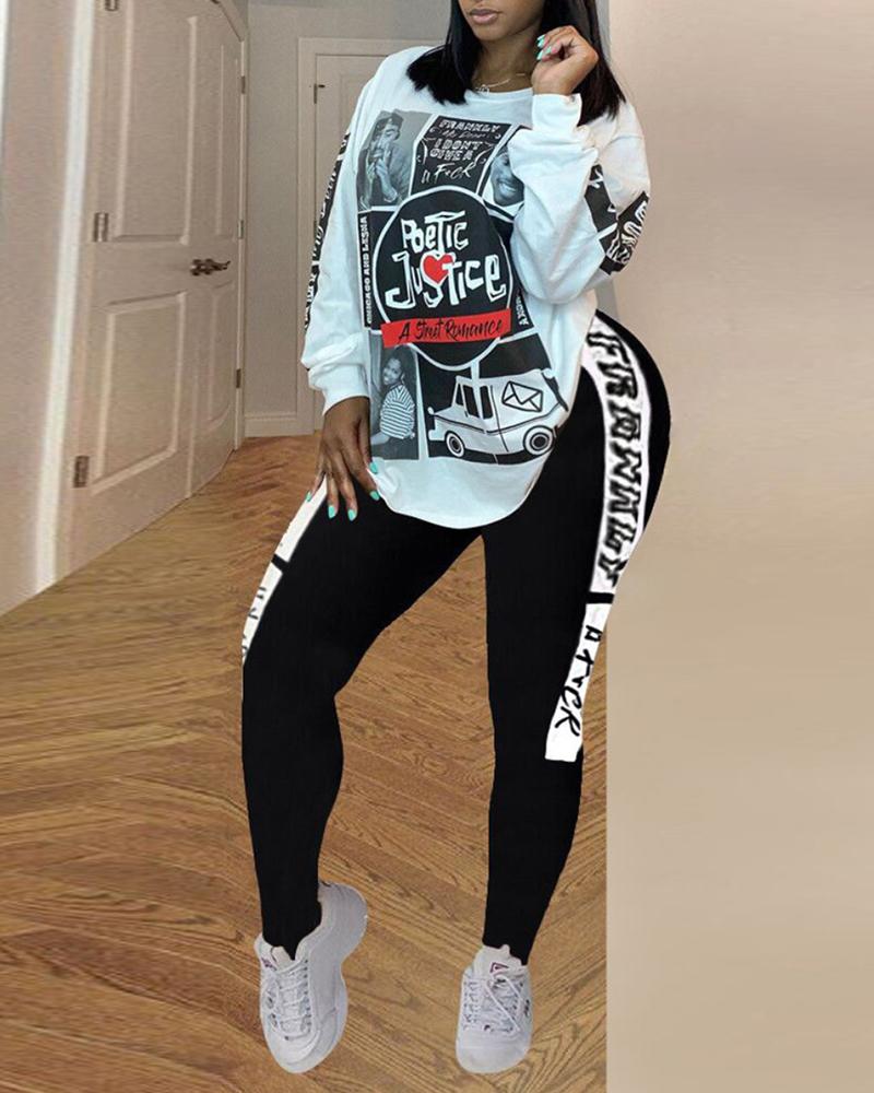 

Letter Figure Print Top & Colorblock Pants Set, White