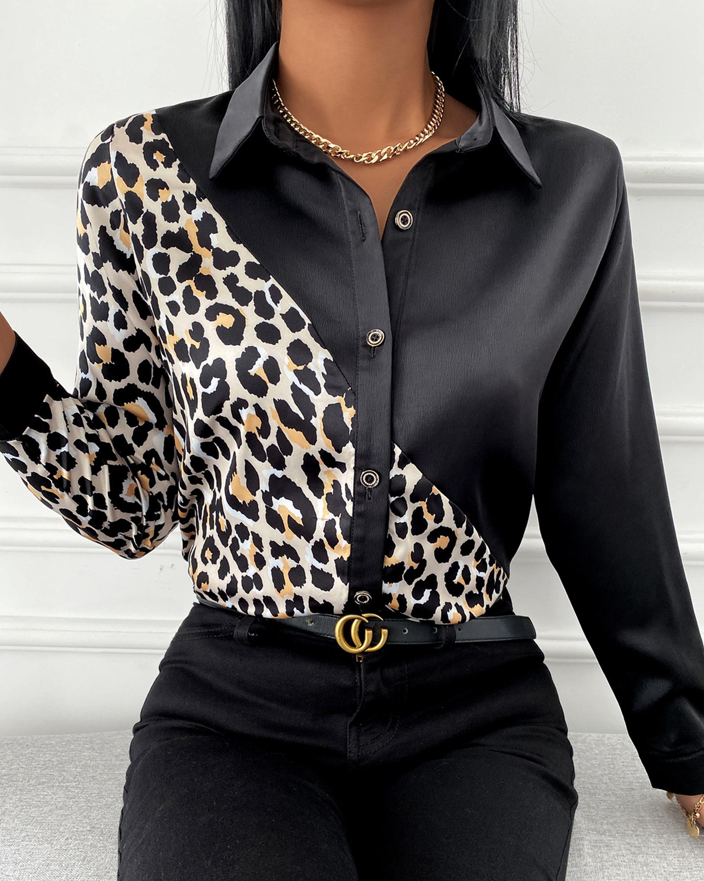 

Leopard Print Long Sleeve Button Design Casual Shirt, Black