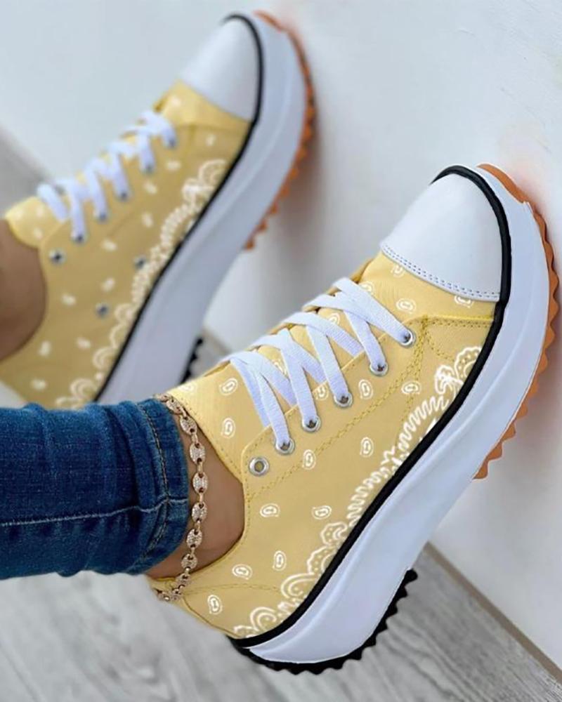 

Graphic Pattern Lace-Up Front Sneakers, Yellow