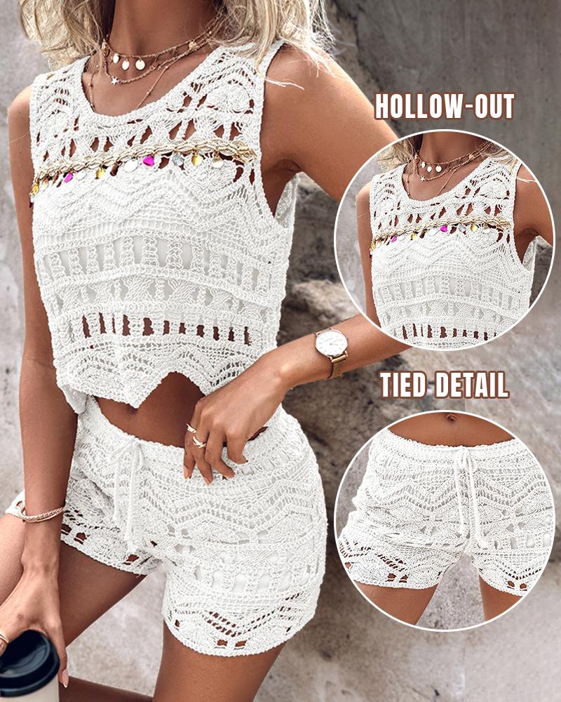 

Conjunto de top e shorts de malha sem mangas em renda de crochê, White