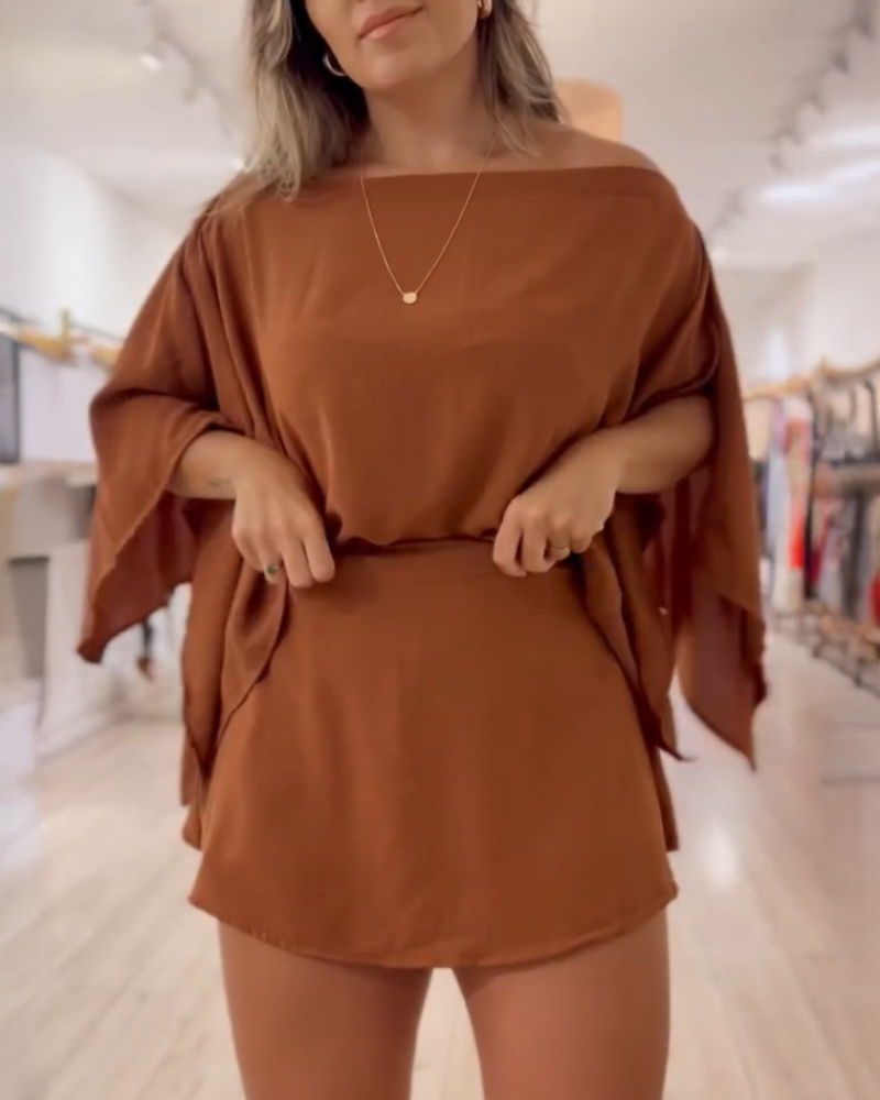 

Conjunto de 3 piezas de pantalones cortos casuales con hombros descubiertos y mangas divididas (sin cinturón), Brown