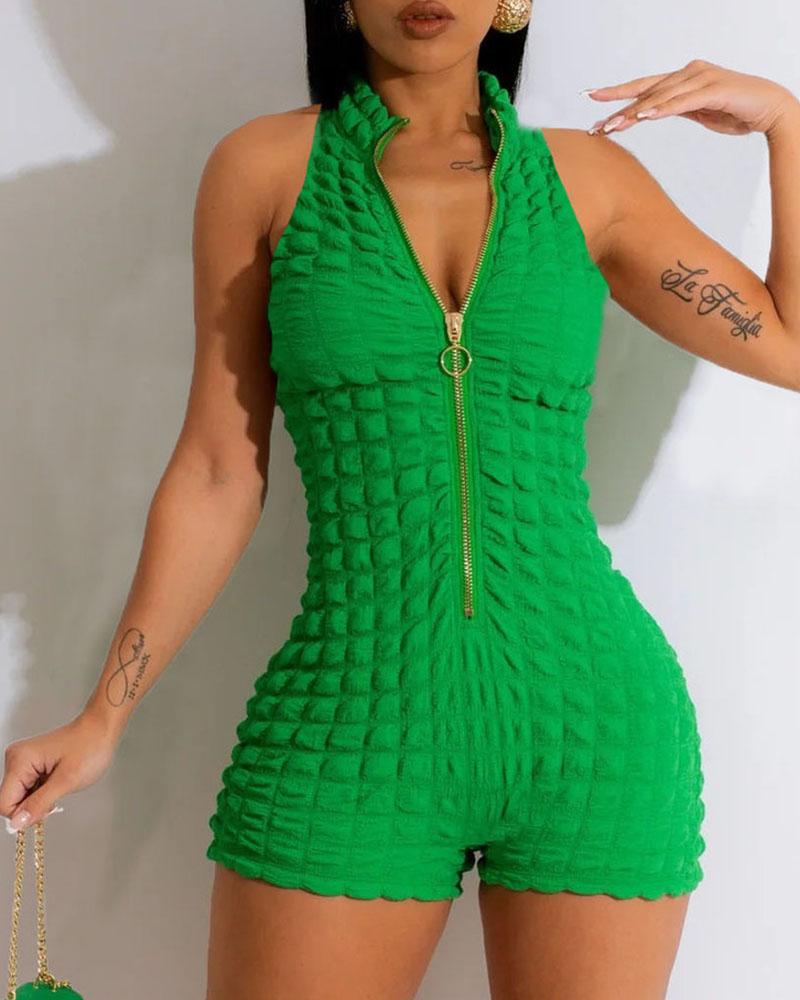 

Zipper Design Mock Neck Textured Romper, Green