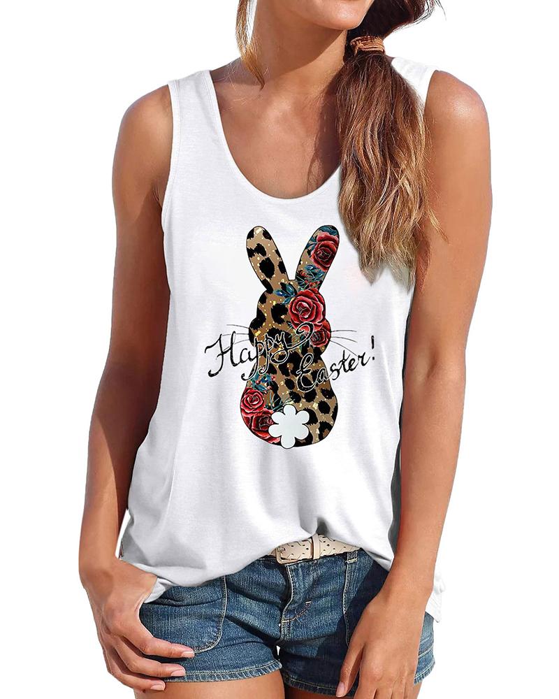 

Leopard Easter Bunny Print Graphic Tee Casual Tank Top, White