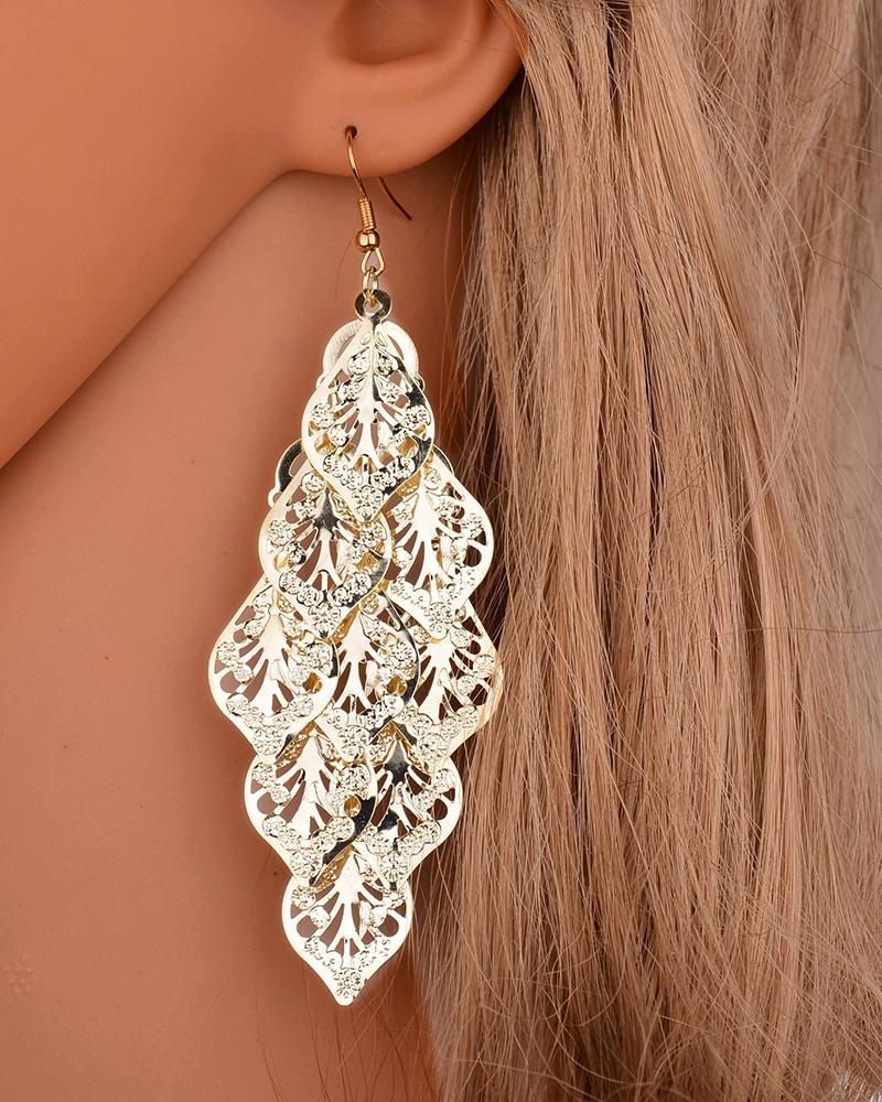 

1Pair Rhinestone Layered Leaf Pattern Drop Earrings, Gold