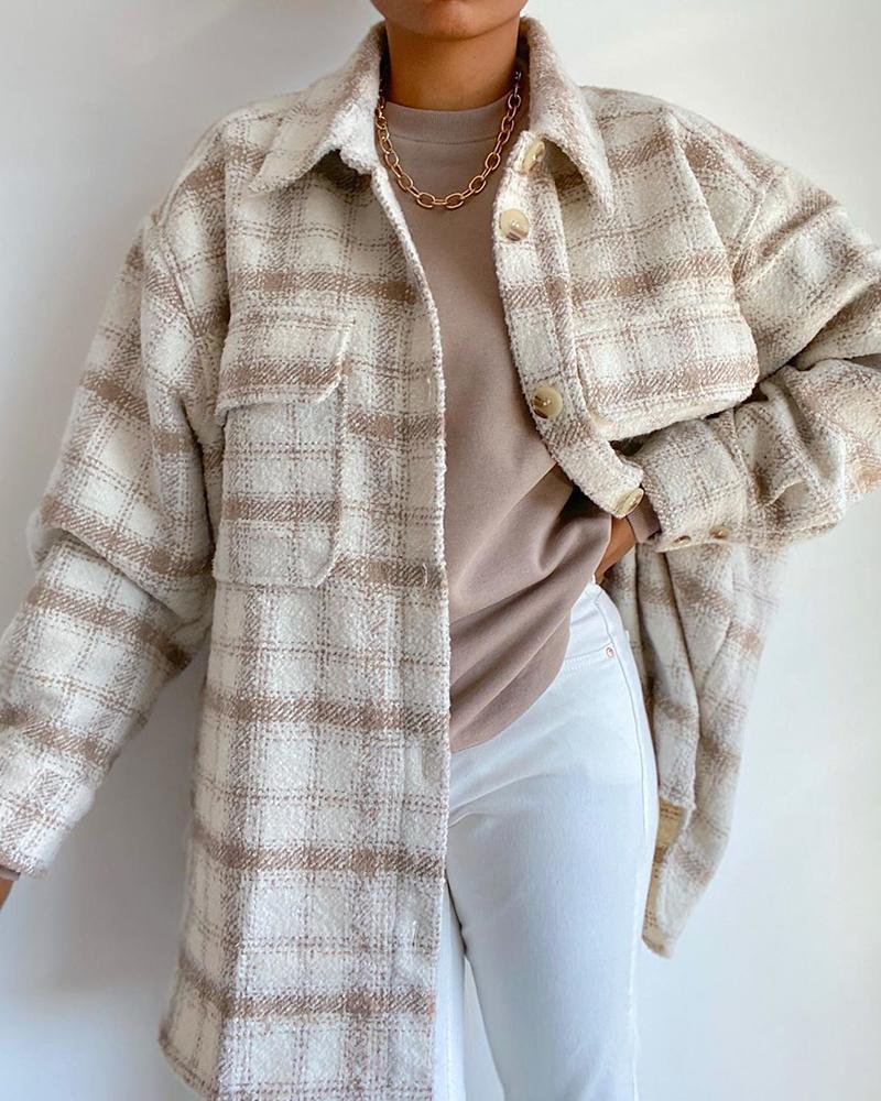 

Buttoned Pocket Design Checked Shacket Coat, Beige