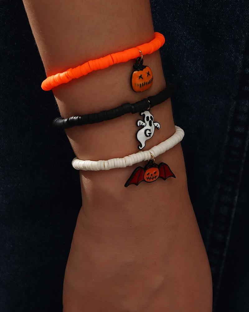 

3PCS Pumpkin Ghost Bat Decor Halloween Bracelet Set, Orange