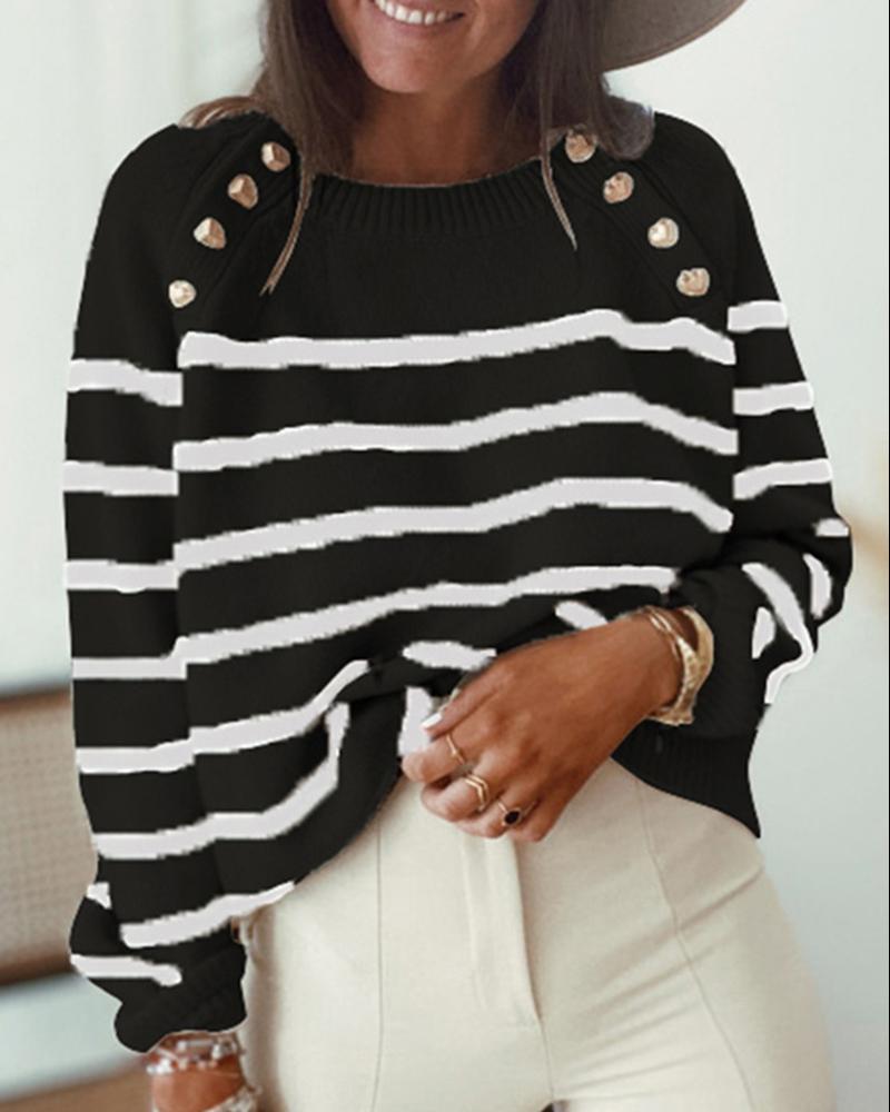 

Button Decor Striped Print Long Sleeve Sweater, Black