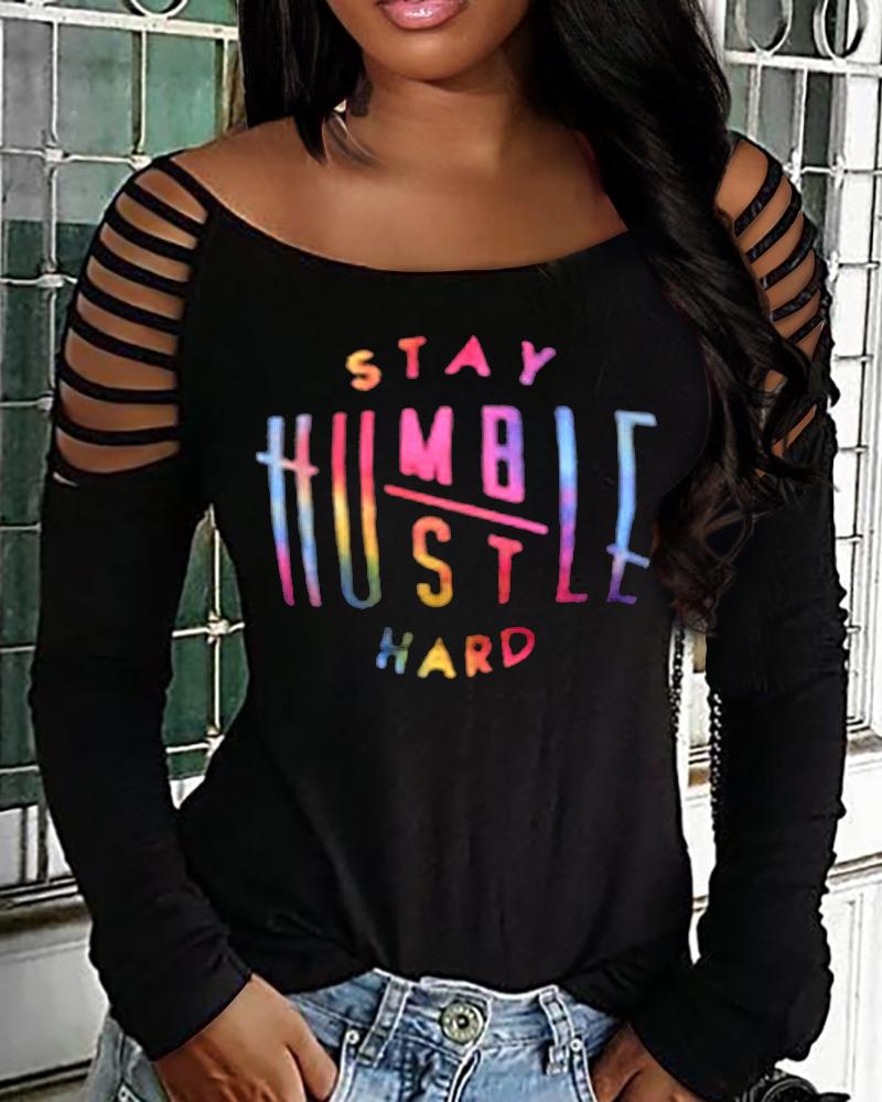 

Stay Humble Hustle Hard Print Cold Shoulder Top, Black