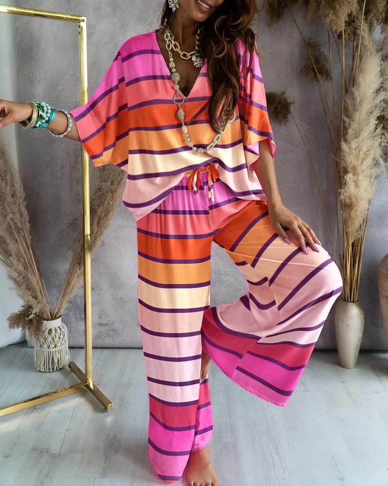 

Striped Print Batwing Sleeve Casual Top & Pants Set, Multicolor