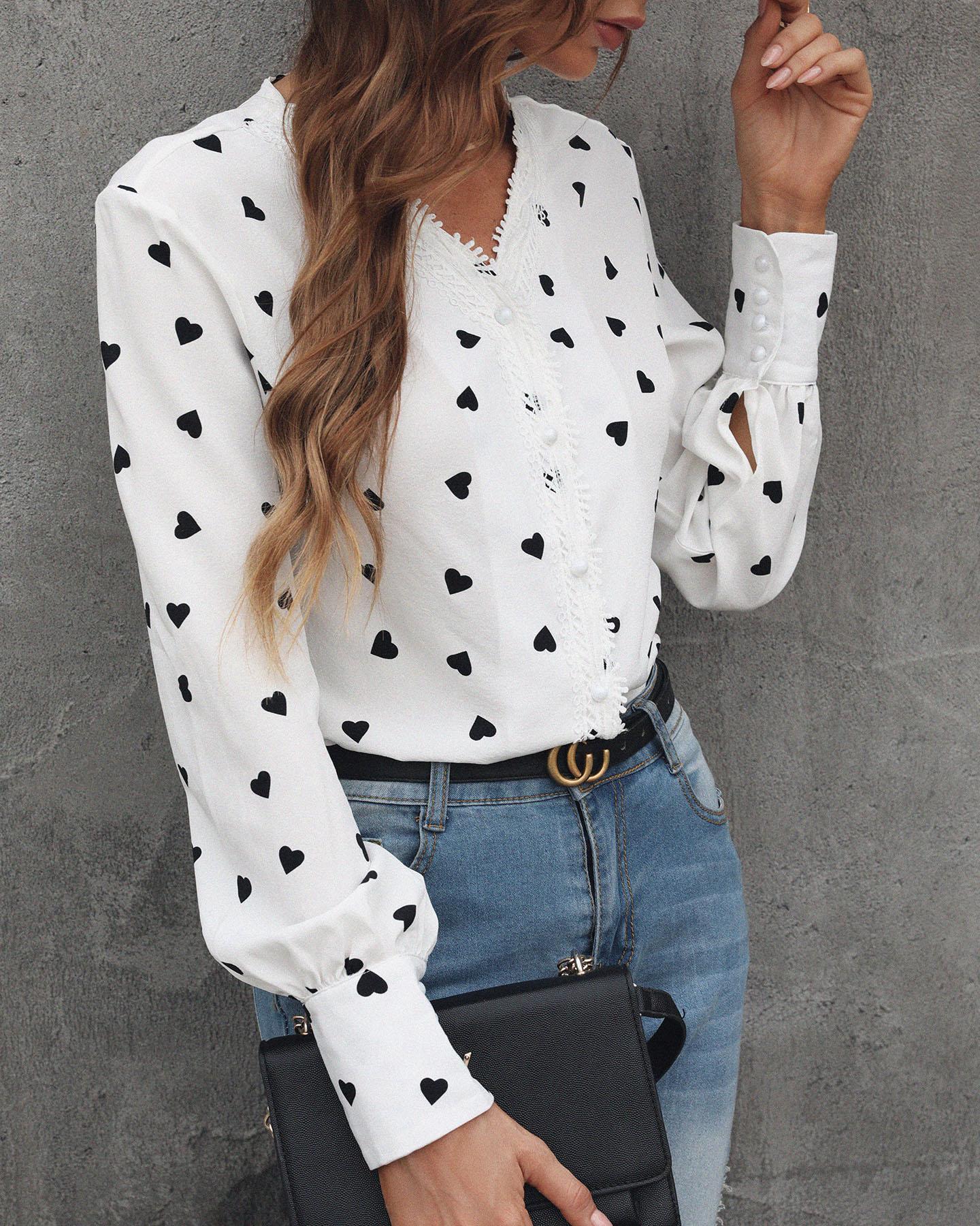 

Heart Print Lantern Sleeve Contrast Lace Buttoned Shirt, White