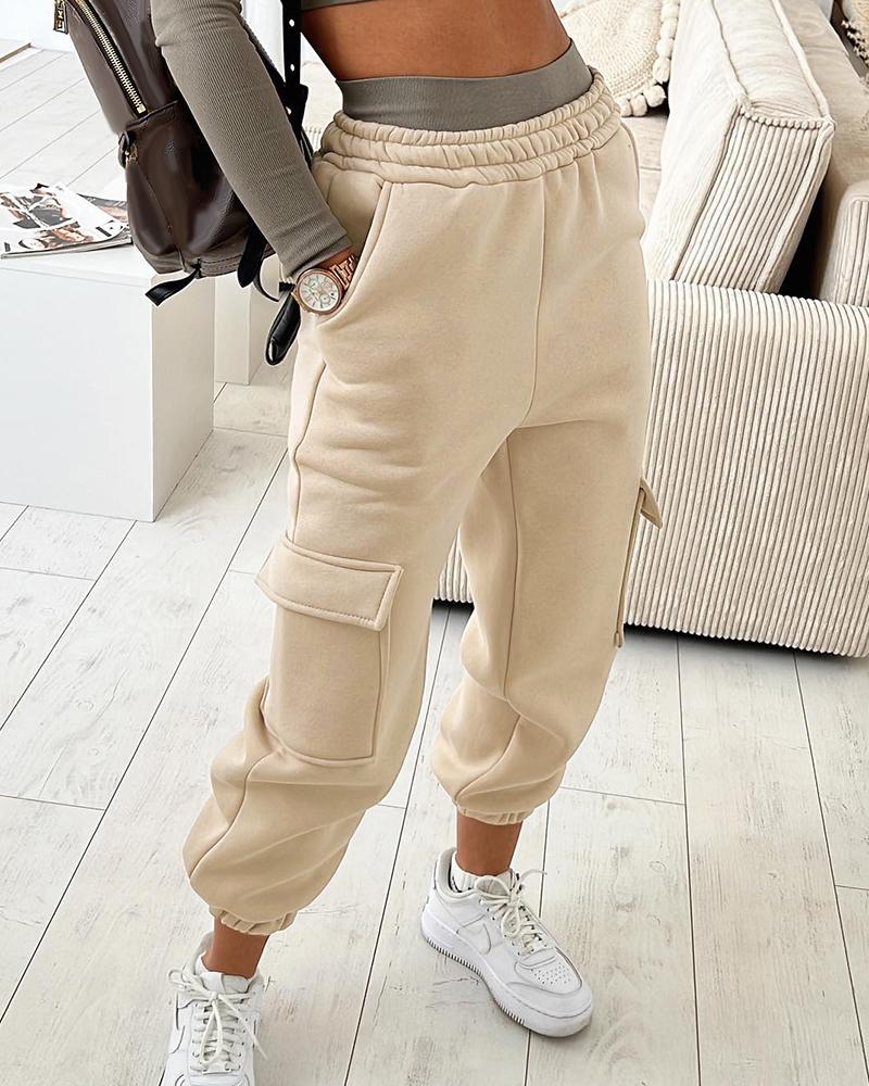 

Pocket Design Elastic Waist Cuffed Pants, Khaki