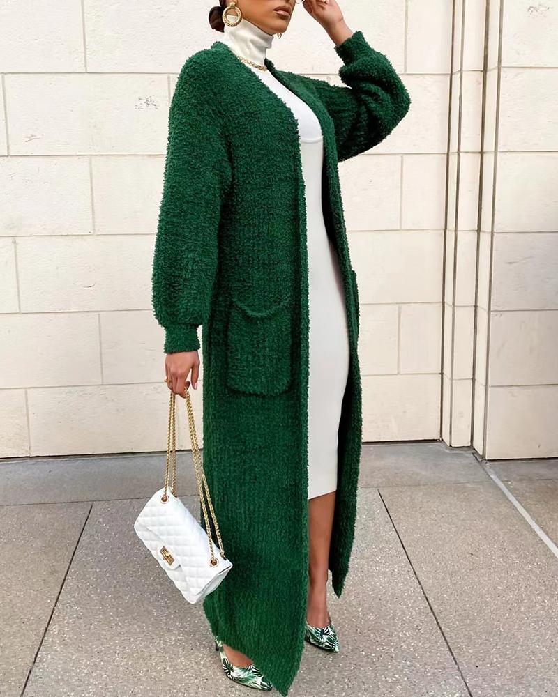 

Lantern Sleeve Pocket Design Longline Knit Cardigan, Dark green