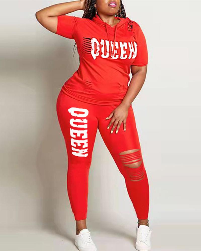 

Letter Print Cutout Hooded Top & Pants Set, Red